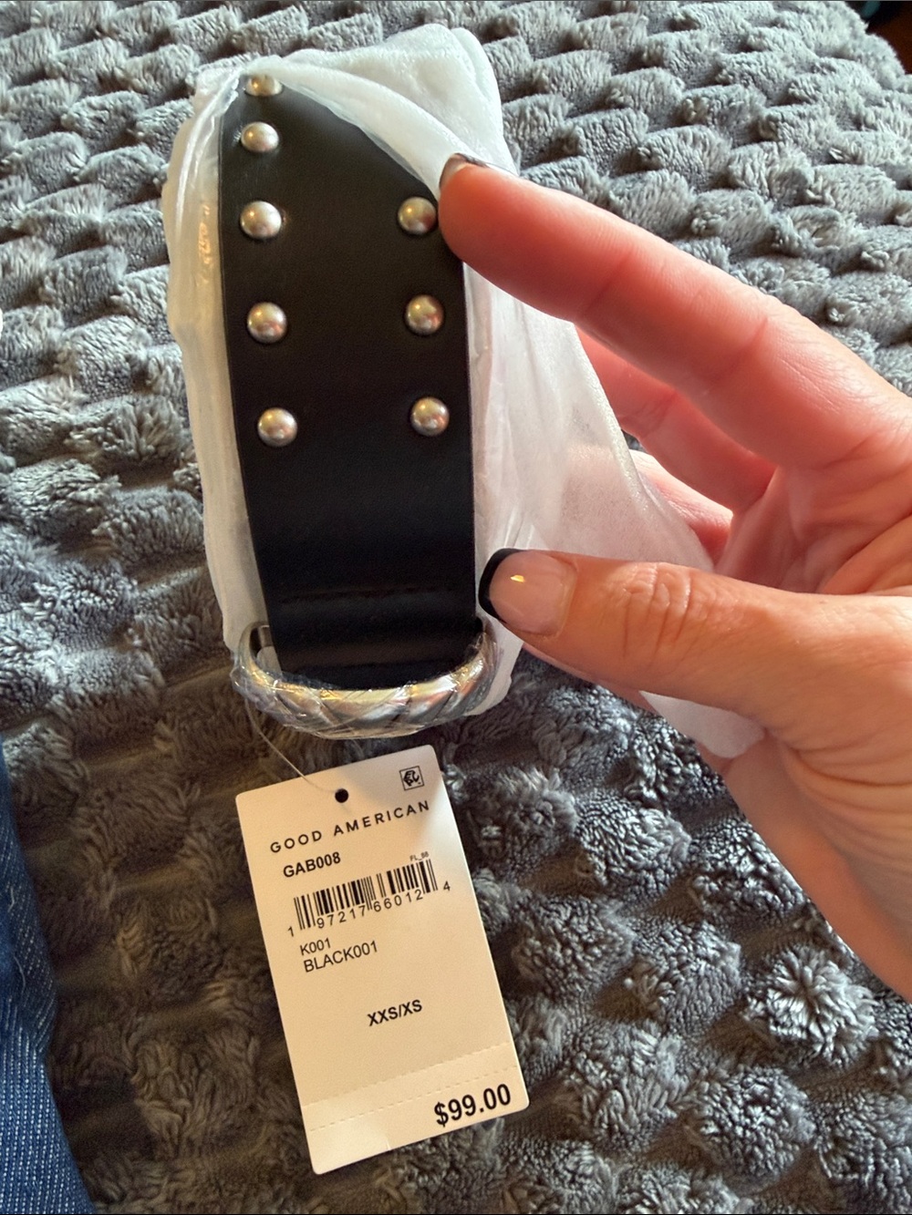 Good American Black Leather Belt with Silver Studs